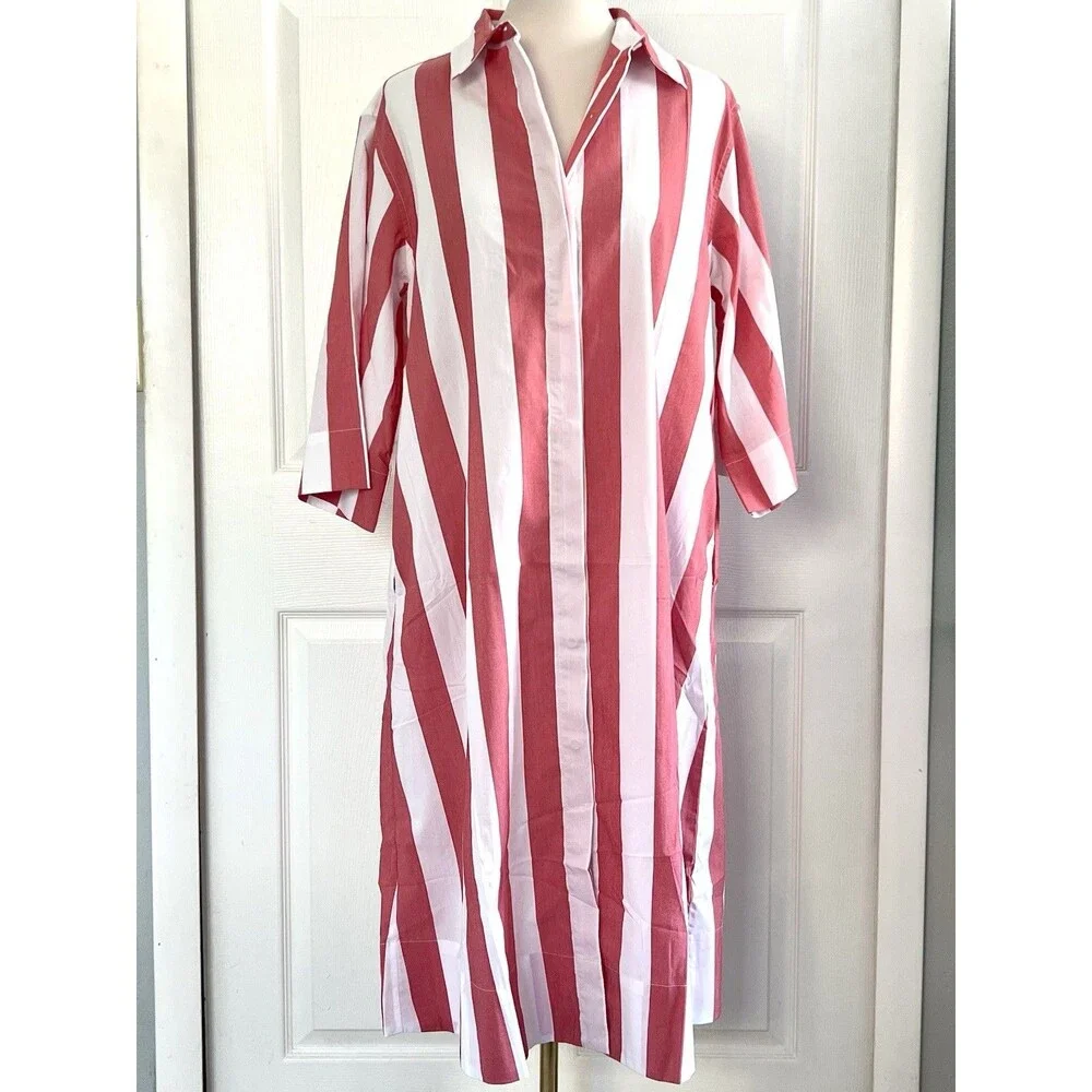 NWOT Atlantic Pacific x Lake Red Azure Striped Caftan Shirt Dress Womens sz S - Picture 2 of 5